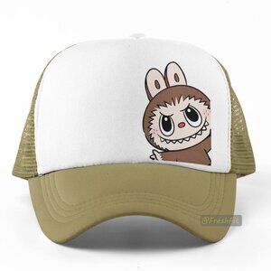 🆕Labubu Monster Side Pop Foam Trucker Hat Mesh Snapback Cap Khaki/White